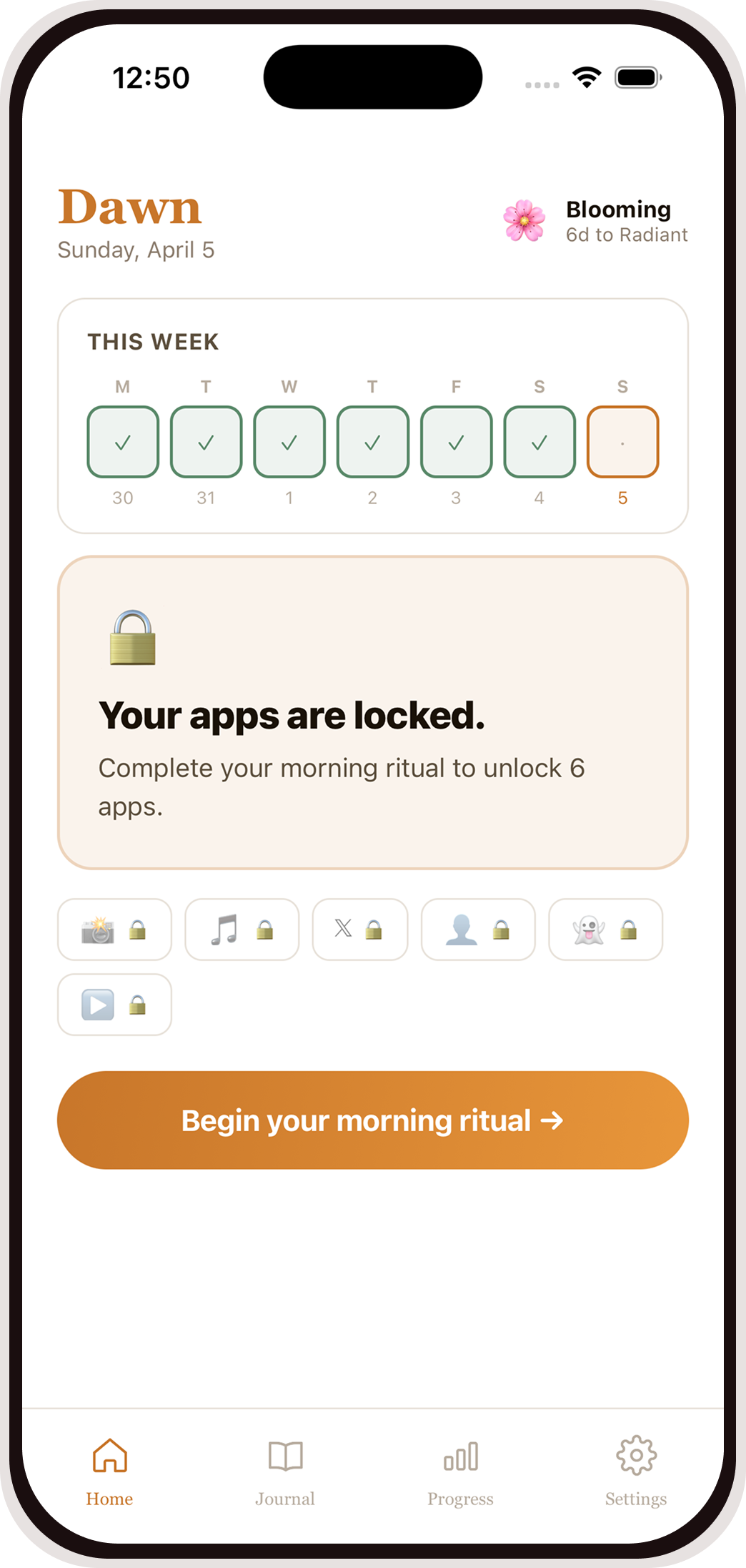 Dawn home screen — your apps are locked until you finish your morning ritual
