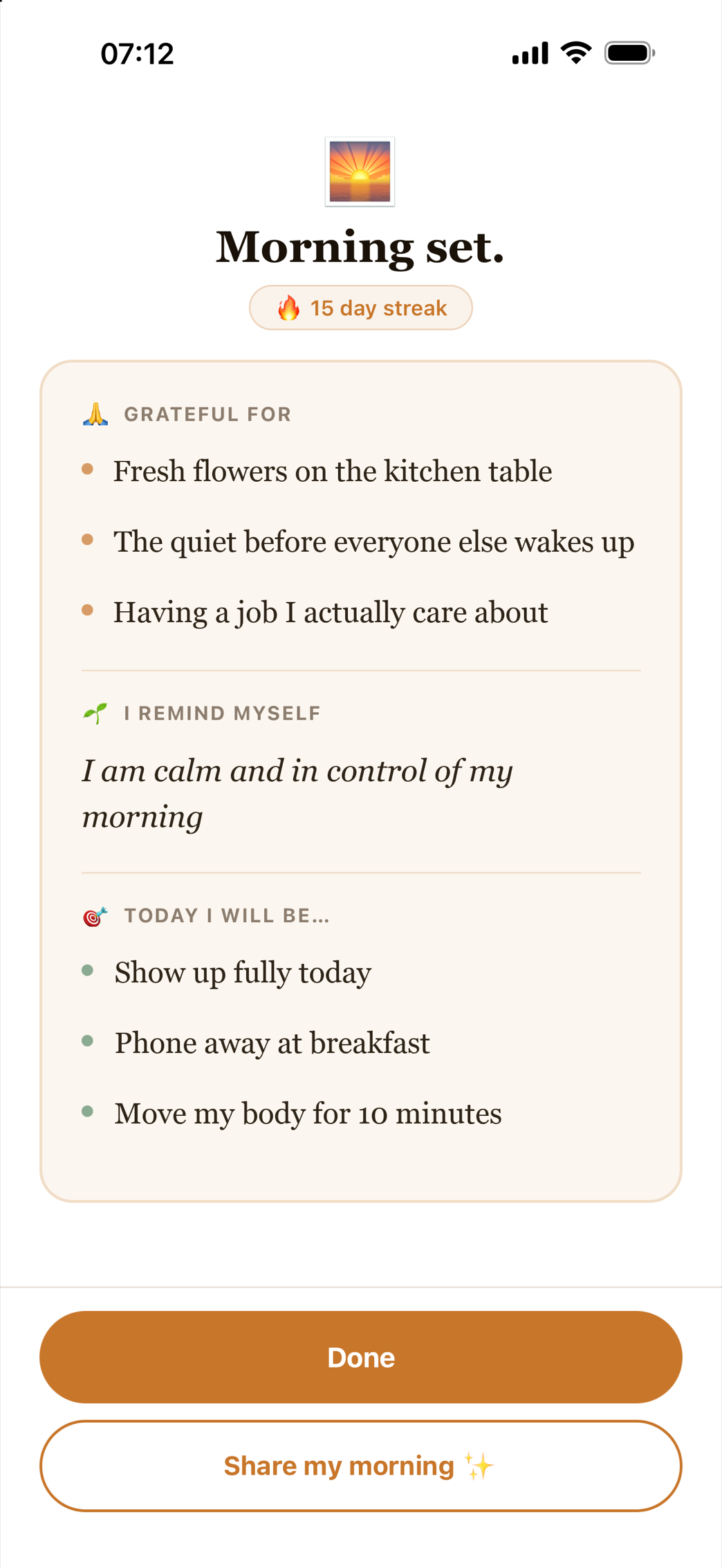Kindwake morning set: the same three gratitudes, and your apps unlocked for the day